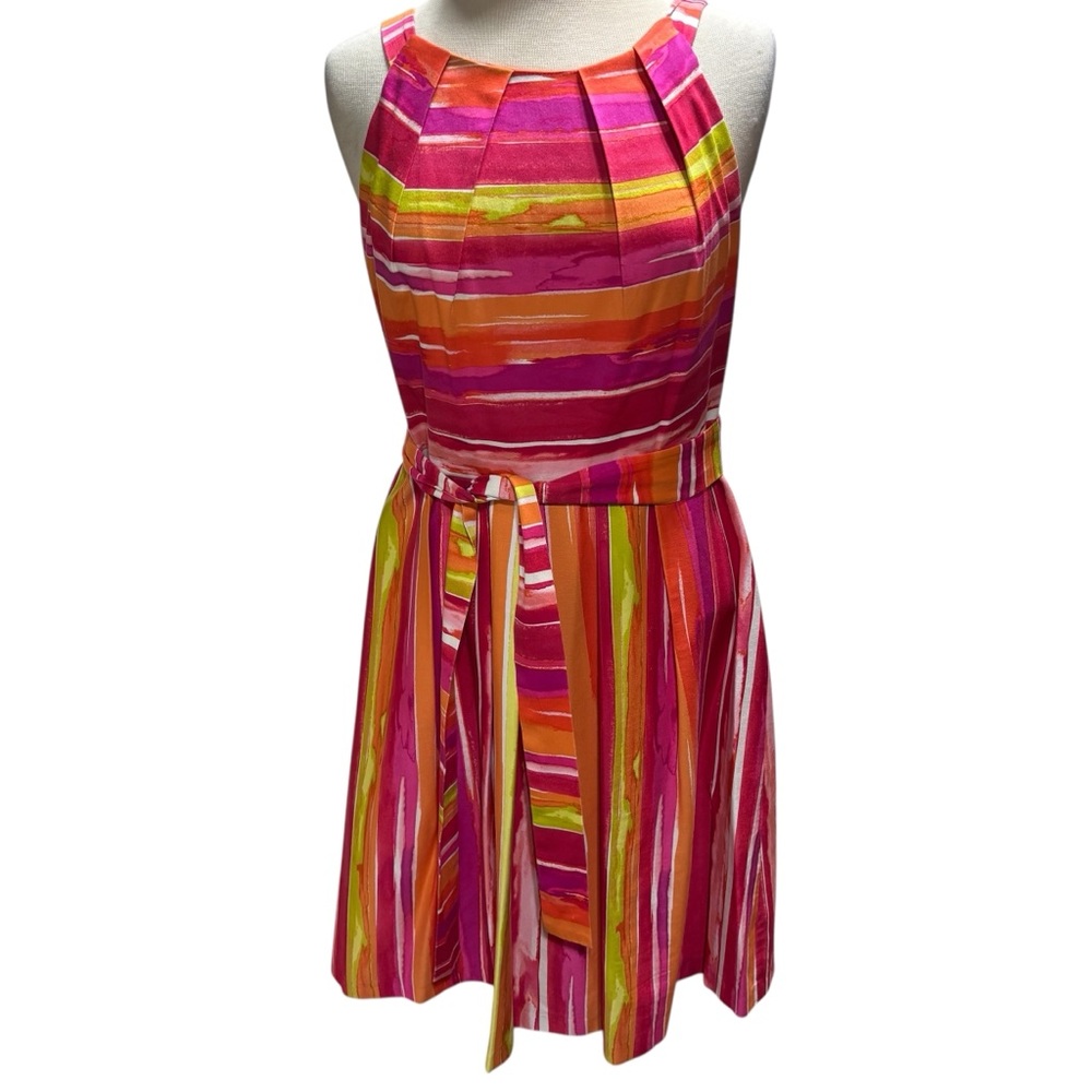 Chetta B Pink Orange‎ Striped Sleeveless Fit Flare Belted Dress Size 10 #544